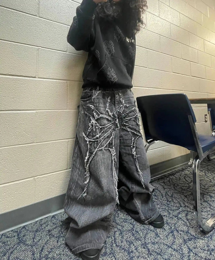 Y2K Retro Oversize Baggy Pantaloni lavabili unisex Phantom Jeans Uomo High Street Spider Toppa ricamata Hip Hop Streetwear Gotico