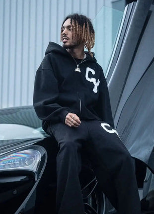 Streetwear Men's Fashion C Y Letter Zipper Set Multiple Colors Available Street Style Relaxed Unique Look Casual Two-Piece Set PlatiNum