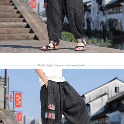 Pantaloni da uomo di alta qualità, casual, traspiranti, comodi, con elastico in vita, stile giapponese, vintage, alla moda, larghi, modello harem.
