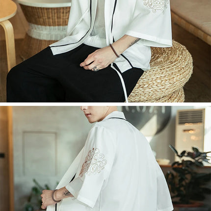 Japan Samurai Shirt uomo ricamato Kimono giapponese manica corta Cardigan uomo estate sottile moda Casual Yukata Cardigan Top uomo