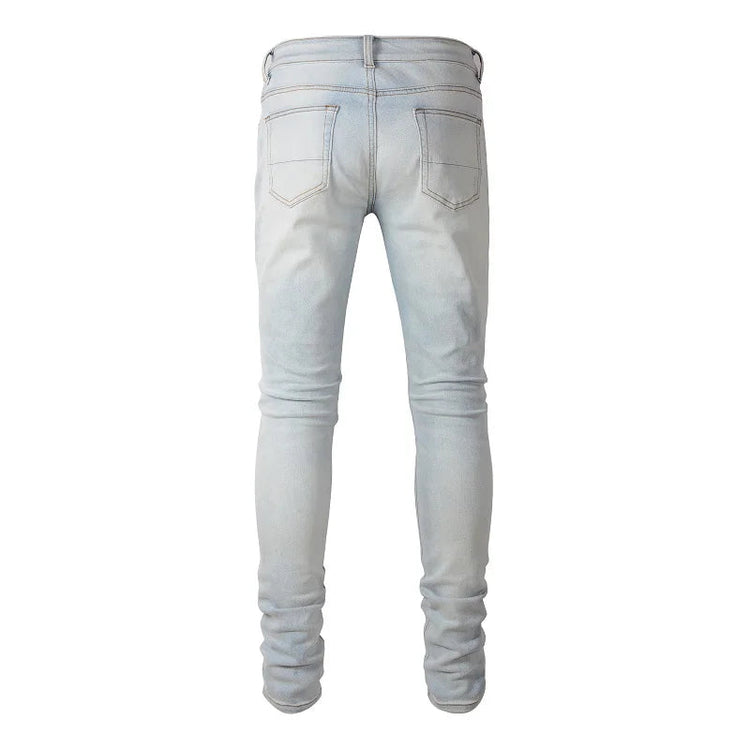 Men Pale Light Blue Biker Jeans Cracked Pleated Patch Patchwork Stretch Denim Pants Streetwear Holes Ripped Skinny Trousers PlatiNum