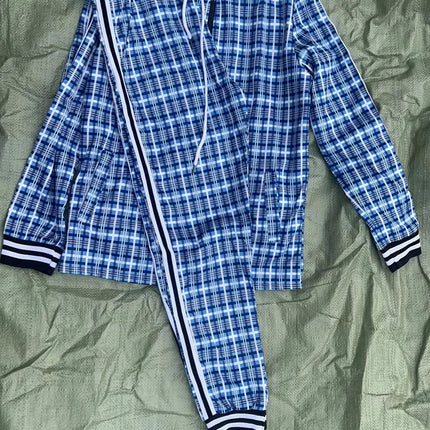 2025 Men Tracksuit 2pc Set Gym Hiking Plaid Zipper Hoodie Cargo Pants Autumn Athleisure Outfit Fleece Jogger Sportswear PlatiNum