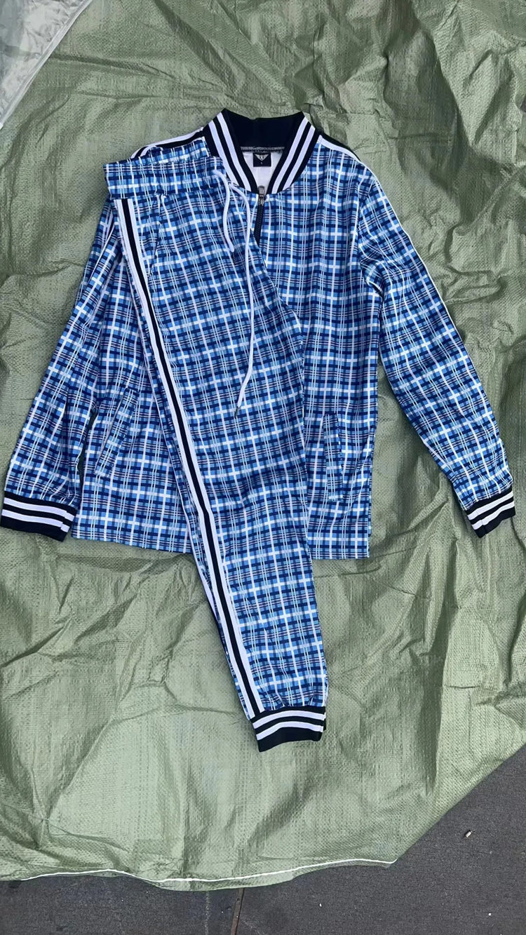 2025 Men Tracksuit 2pc Set Gym Hiking Plaid Zipper Hoodie Cargo Pants Autumn Athleisure Outfit Fleece Jogger Sportswear PlatiNum