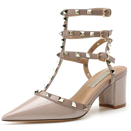【Misurati la lunghezza dei piedi prima di ordinare】Sandali eleganti da donna con rivetti e cinturino alla caviglia, scarpe con tacco alto a blocco, modello 94-CHC-33
