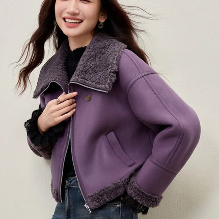 SENTUBILA Women's Faux Suede Coat Plush Lapel Zipper Faux Leather Cropped Jacket 2026 Winter Retro Ladies Outerwear W54PD5913