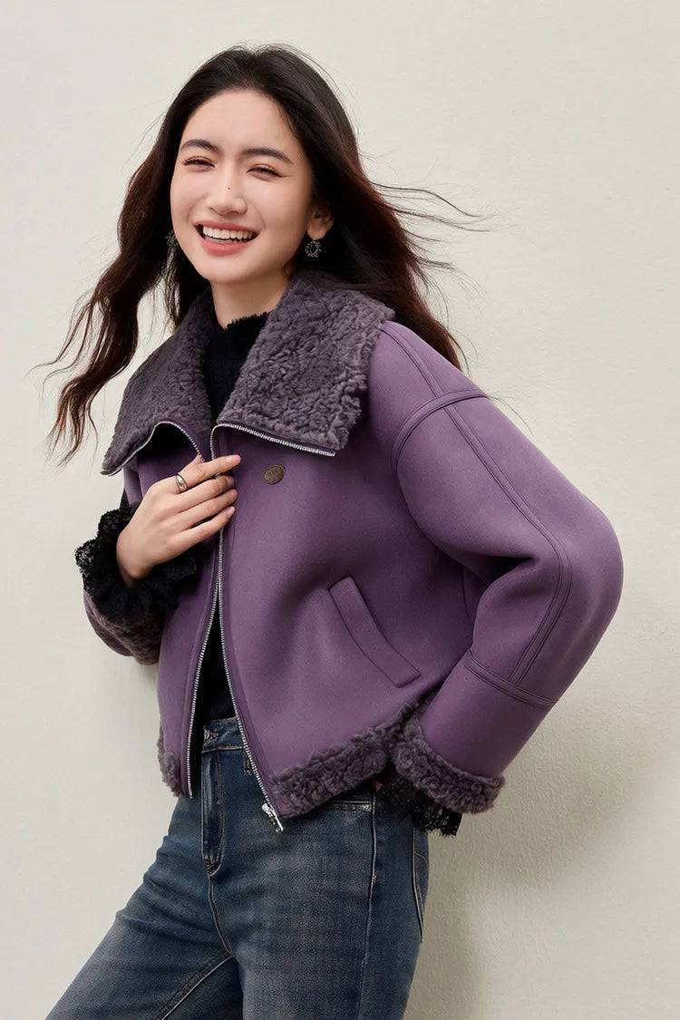 SENTUBILA Women's Faux Suede Coat Plush Lapel Zipper Faux Leather Cropped Jacket 2026 Winter Retro Ladies Outerwear W54PD5913