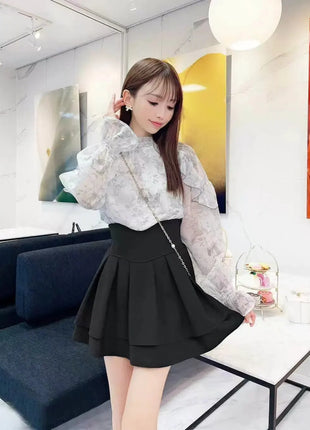 Minigonna a balze Lautaro Primavera Estate Nera Dolce Carina Kawaii a Vita Alta da Donna, Abbigliamento Cutecore Stile Giapponese Moda