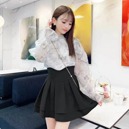 Lautaro Damen-Stufenminirock Frühling Sommer, Schwarz, Süß, Kawaii, Hohe Taille, Cutecore-Kleidung, Japanischer Modestil