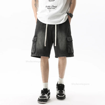 Pantaloncini di jeans alla moda retrò estivi per uomo Jeans corti multitasche larghi con gamba dritta con elastico in vita e coulisse da uomo