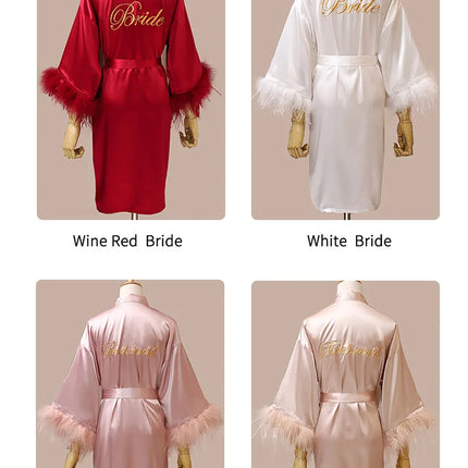 Donna piuma sposa damigella d'onore abito da sposa raso Kimono accappatoio abito da notte ricamo lettera camicia da notte scollo a v Lingerie