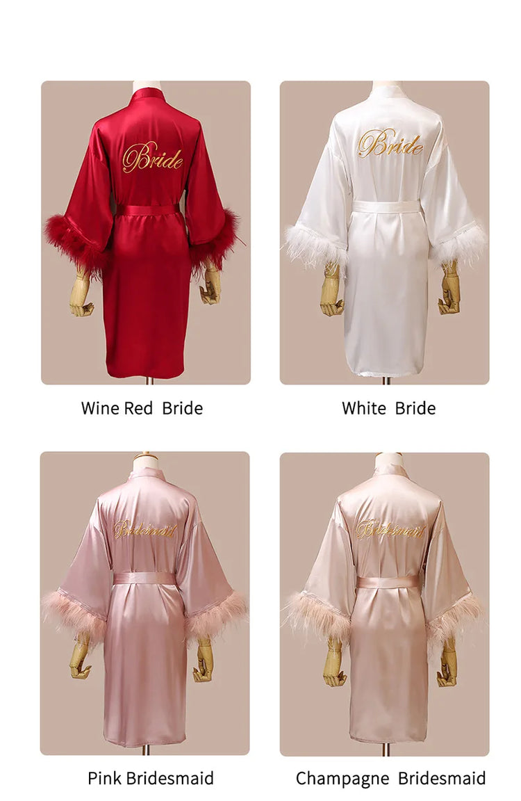 Donna piuma sposa damigella d'onore abito da sposa raso Kimono accappatoio abito da notte ricamo lettera camicia da notte scollo a v Lingerie