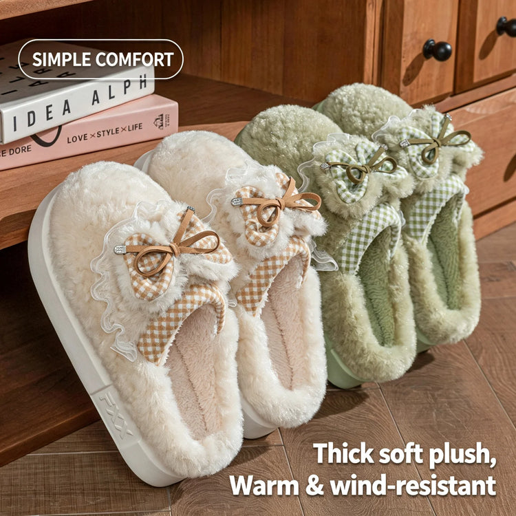 Kawaii Winter Warm Cotton Slippers Women Plaid Bowknot Lace Ruffle Plush Thick Platform Non-Slip Indoor Casual Shoes