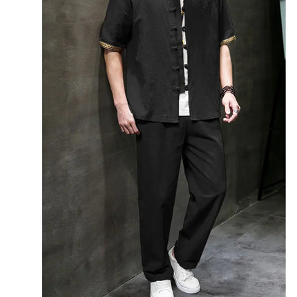 Camicie da Uomo Ricamate in Stile Cinese Retrò, Traspiranti in Lino, Comode, Casual Kung Fu, Abito Tang con Colletto Rialzato