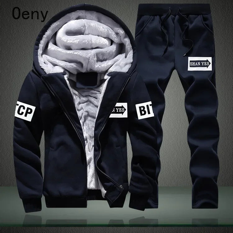 New Winter Fleece Thicken Men's Two-piece Zipper Sports Set Hooded Thermal Suit Casual Oversized Tracksuit 4XL 5XL Funny Suit