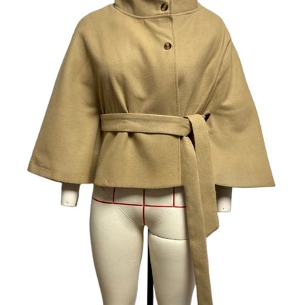 Women Batwing Sleeve Woolen Belted Eclipse Jacket Solid Stand Collar Single Breasted Lace Up Coat Fall Winter Chic Outerwear