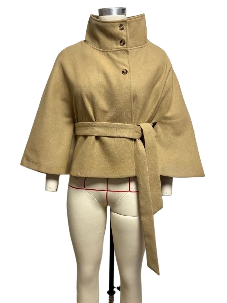 Women Batwing Sleeve Woolen Belted Eclipse Jacket Solid Stand Collar Single Breasted Lace Up Coat Fall Winter Chic Outerwear