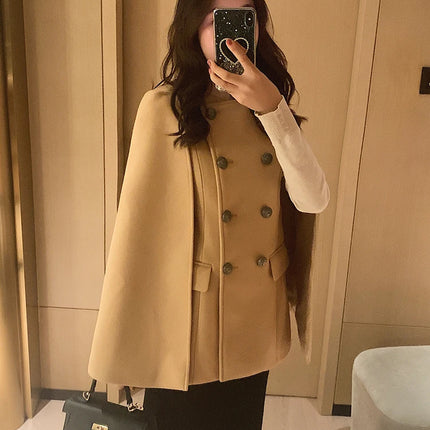 French Elegant Retro Hepburn Style Stand Collar Double-breasted Loose Temperament Commuter Woolen Jacket Cape Cloak Women Autumn
