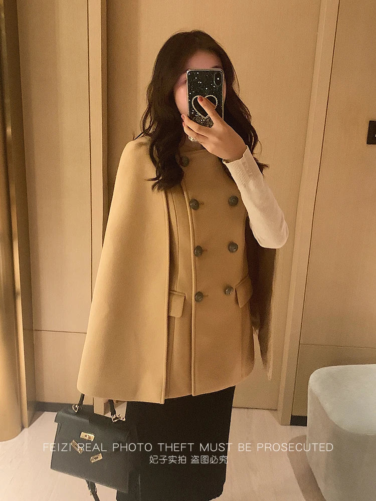 French Elegant Retro Hepburn Style Stand Collar Double-breasted Loose Temperament Commuter Woolen Jacket Cape Cloak Women Autumn