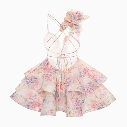 Elegant Puff Sleeve Floral Print Ball Gown Women's 3D Flower V-Neck Mini Dress Summer Beach Dresses Chic Vacation Evening Dresses