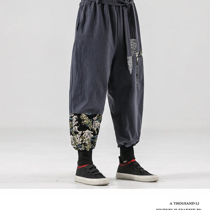 Pantaloni da uomo Costume da samurai giapponese Ukiyo-e Cintura con stampa Pantaloni stile harem da uomo in cotone e lino Pantaloni casual Harajuku da uomo Taglie forti 5XL
