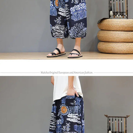Pantaloncini da uomo estivi Pantaloni larghi casual comodi in cotone Pantaloni tradizionali al polpaccio retrò Pantaloncini traspiranti da uomo Streetwear