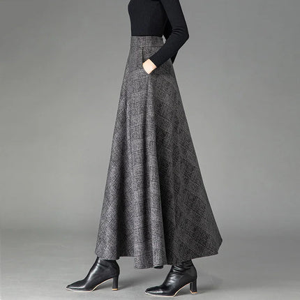 New Women Woolen Plaid Skirt Autumn Winter Fashion Elastic High Waist A-Line Wool Blended Long Skirt Simplicity Vintage Skirt PlatiNum