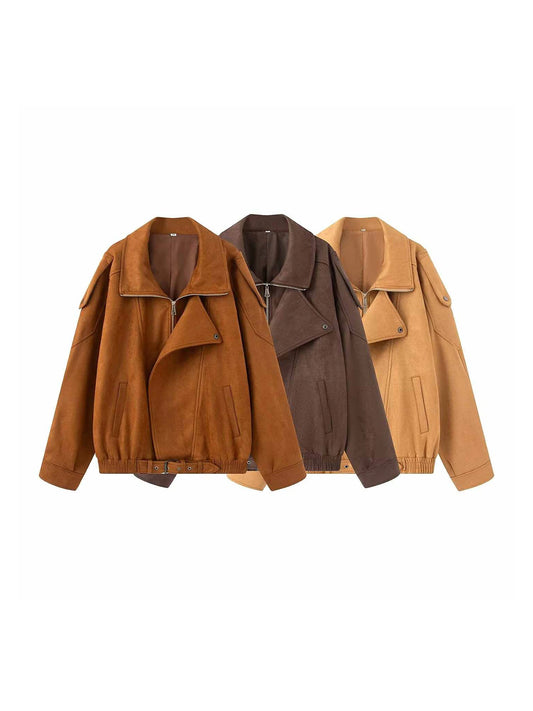 Women's Brown Leather Suede Jacket Coat Vintage Casual BF style Motorcycle Mustang Jacket Outerwear 2000s Clothes Autumn Winter