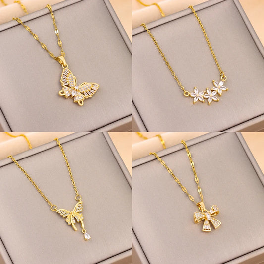 Nuova collana con ciondolo in cristallo di zircone alla moda per le donne Commercio all'ingrosso di gioielli con catena clavicola in acciaio inossidabile color oro dolce femminile