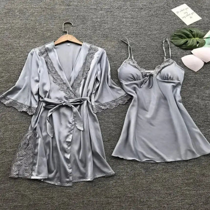 2PCS Women Lace Pajama Set Satin Home Pyjamas Lace Robe V-Neck Nightgown Bridal Silk Gown Women's Nightwear