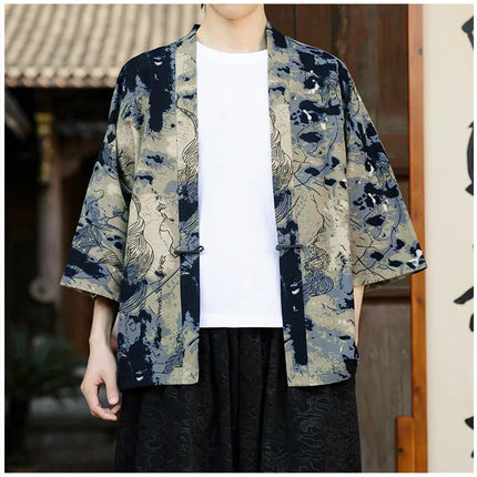 Camicie in Lino Stile Etnico con Stampa Yukata per Uomo e Donna, Abbigliamento Asiatico, Kimono Giapponese Harajuku, Camicie Retrò da Uomo