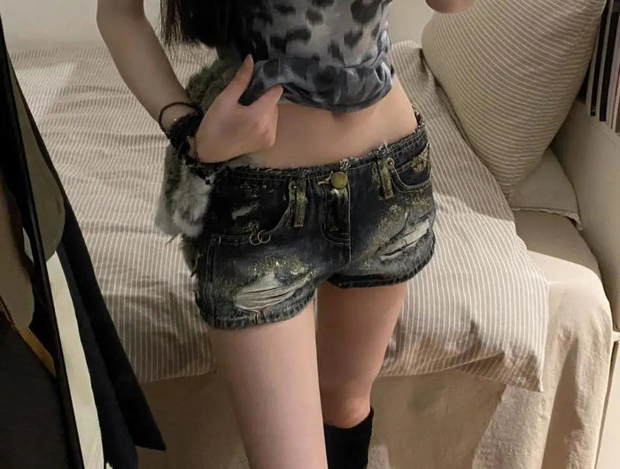 Y2K American Retro Short Denim Shorts Women Casual Rivet Sexy Streetwear Bodycon Gothic Punk Style Zipper Solid Color Summer PlatiNum