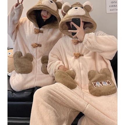 DAIMELU bear cartoon sleepwear long sleeved pajamas men winter thickened warm coral fleece flannel one-piece male loungewear set