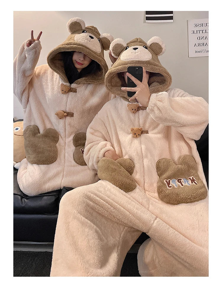 DAIMELU bear cartoon sleepwear long sleeved pajamas men winter thickened warm coral fleece flannel one-piece male loungewear set