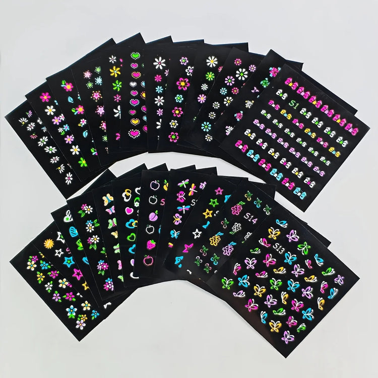 30 Sheets 3D Glow in The Dark Neon Nail Stickers - Glittery Glossy Self-Adhesive Nail Art Decorations with Butterfly, Love Heart