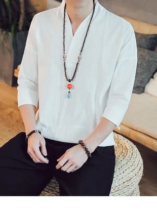 Kimono estivo stile giapponese manica corta uomo nuovo cotone a mezza manica lino traspirante abbigliamento uomo t-shirt giapponese Yukata top