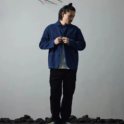 Indigo Blue Dyed Suit Jacket Heavy Sashiko Casual Japanese Retro Washed Coat Jacket