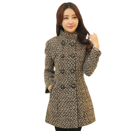 New Women's Wool Blends Coat Winter 2026 Autumn Fashion Elegant Mother Turtleneck Plaid Slim Long Tweed Woolen Outerwear Female