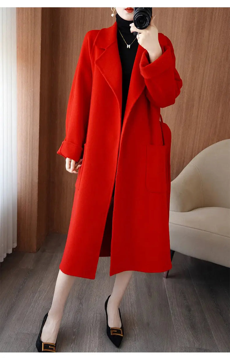 100% Wool Coat Women's Wear 2026 Autumn/Winter Fashion Temperament Double sided Cashmere Coats with Belt Elegant Long Overcoat