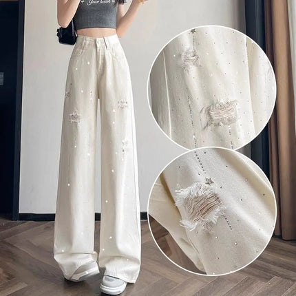 Jeans bianchi traspiranti a gamba larga da donna Pantaloni strappati per pantaloni estivi a vita alta con diamanti