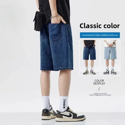 2025 Pantaloncini classici estivi Jeans da uomo Pantaloni in denim Dritto elasticizzato Casual Fresco Sottile Lunghezza al ginocchio Pantaloni giornalieri di marca di moda blu