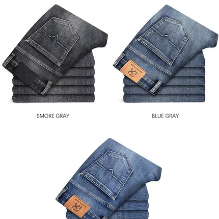 Autumn Men's Business Straight Fit Jeans Vintage Blue Smoke Gray Stretch Trousers Soft Comfortable Fabric Denim Pants Male PlatiNum