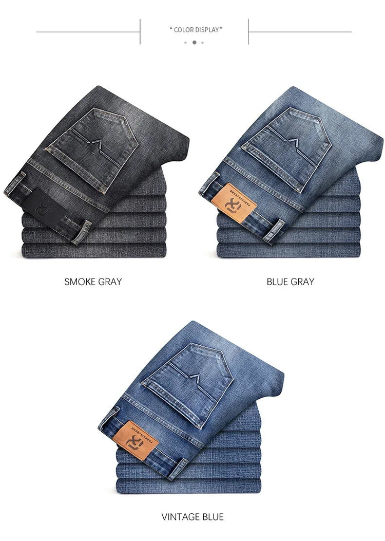 Autumn Men's Business Straight Fit Jeans Vintage Blue Smoke Gray Stretch Trousers Soft Comfortable Fabric Denim Pants Male PlatiNum