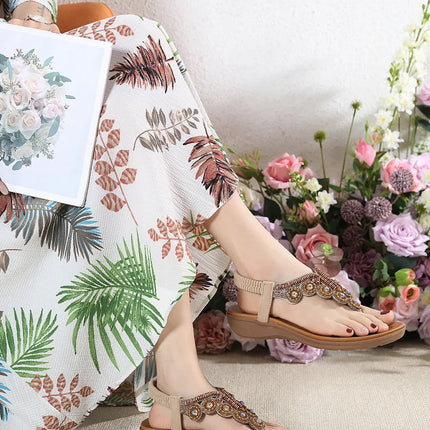 New 2026 Women's Summer Bohemian Style Sandals, Flip-Flop Design with Beaded and Rhinestone Buckle, Elastic Heel Strap, Comfortable Everyday Shoes
