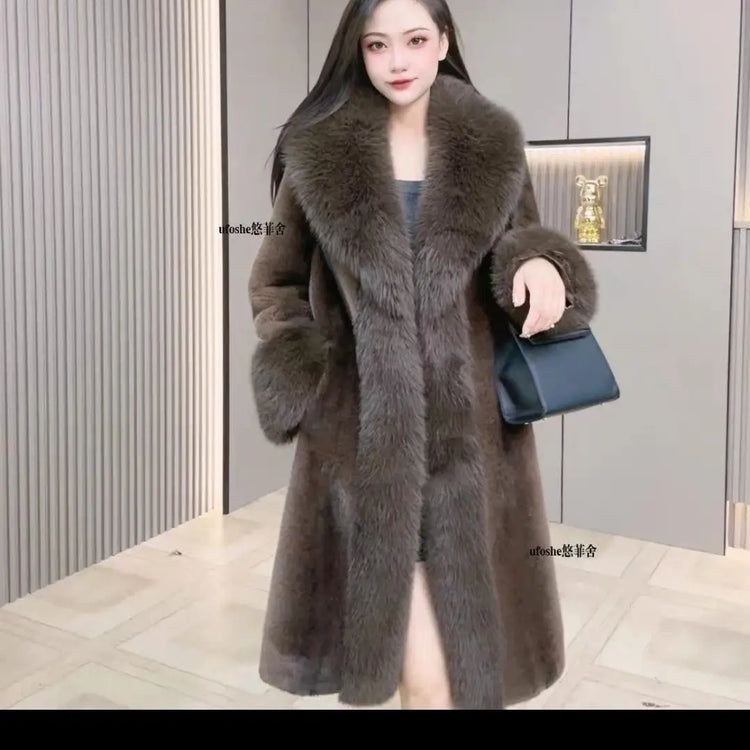 Faux Fur Coats Women Long Coat Thick Warm Turn Down Collar Open Stitch Spring Outerwear Jackets Elegant Splice Autumn Winter