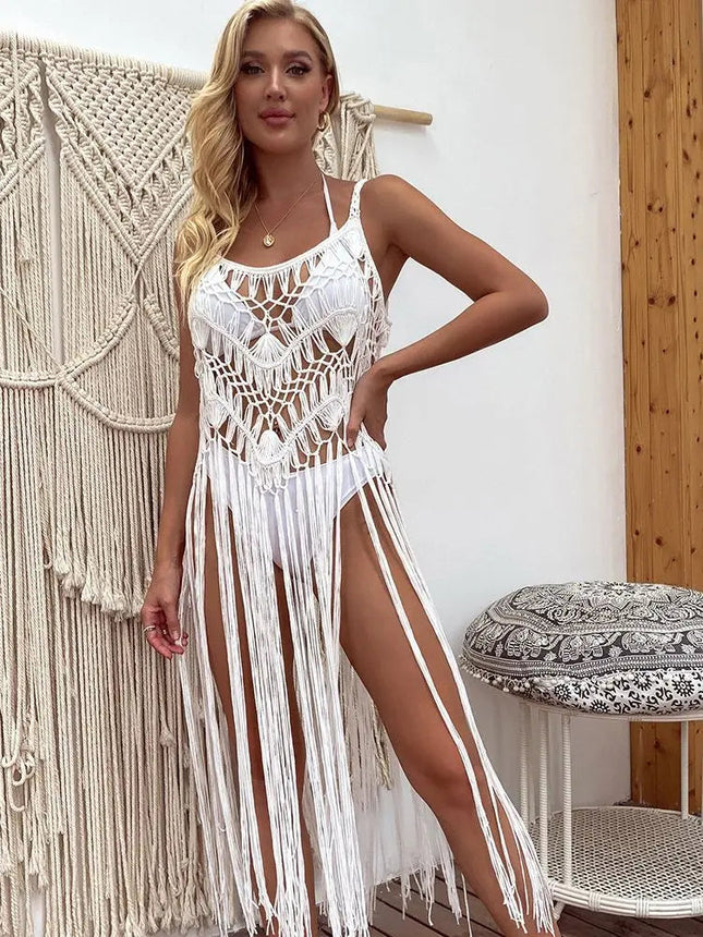 CROCHET BIKINI-Abito da spiaggia copricostume Boho per donna, orlo sexy con frange cave, costumi da bagno estivi, gonna tuniche da spiaggia platinumshop