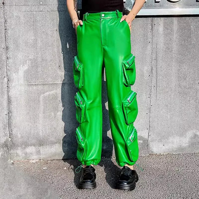 Fashion Women Multi Pocket Sheepskin Genuine Leather Cargo Pants Adjustable Jogger Harem Pants Hop Hip Casual Ankle Length Pants