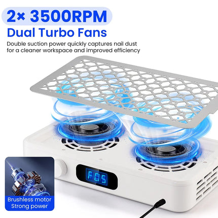 Brushless Nail Dust Collector Dual Turbo Fans Nail Vacuum Cleaner 5-Level Suction Two Hands Nail Dust Extractor Fans for Nail Salon Manicure Table