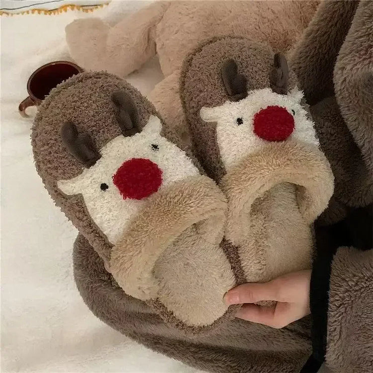Winter Christmas Women Home Slippers Men Indoor Soft Non-slip Sandals Couples Warm Plush Flat Slides Adults Unisex Lovely Shoes
