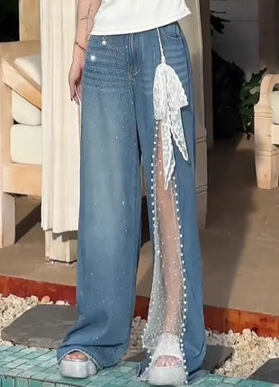 2025 Autunno Inverno Pantaloni in denim da donna Mesh Patchwork Y2K Streetwear Jeans larghi Grunge g