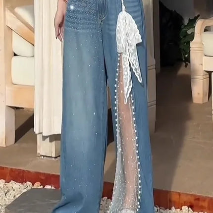 2025 Autunno Inverno Pantaloni in denim da donna Mesh Patchwork Y2K Streetwear Jeans larghi Grunge giapponese Harajuku Cowboy Tide Designer